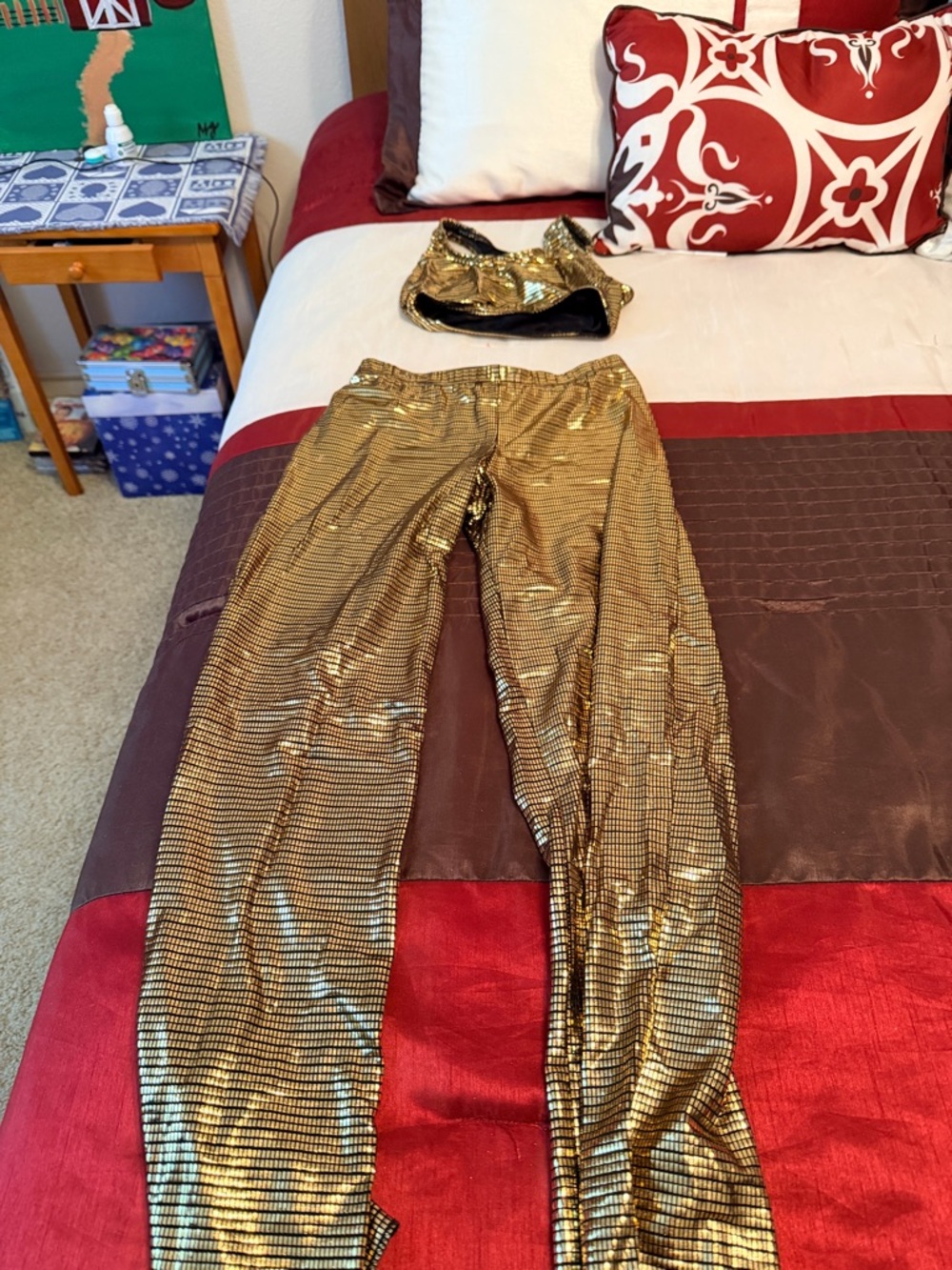 Gold Metallic Dance Costume Set Disco Pants Crop Top w/ Black Cover Top